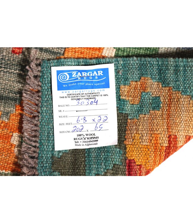 202x65 cm Handgewebter Kelim Läufer  Wollteppich