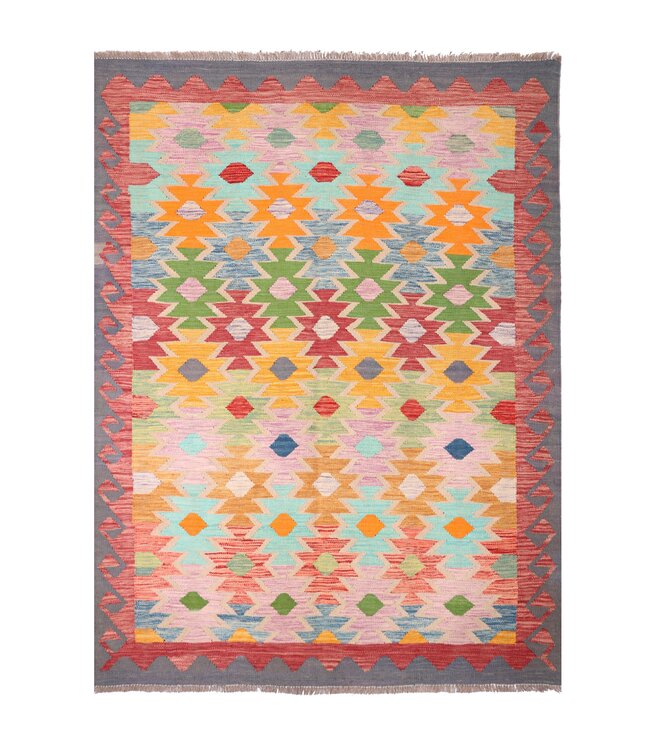 200x152 cm Handgeweven Traditionele Kelim Vloerkleed Wol Tapijt