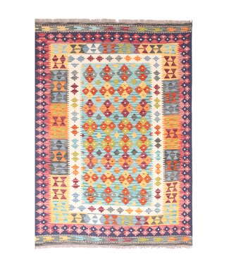 Kelimshop 190x135 cm Handgewebter Traditioneller Kelim Teppich Woll