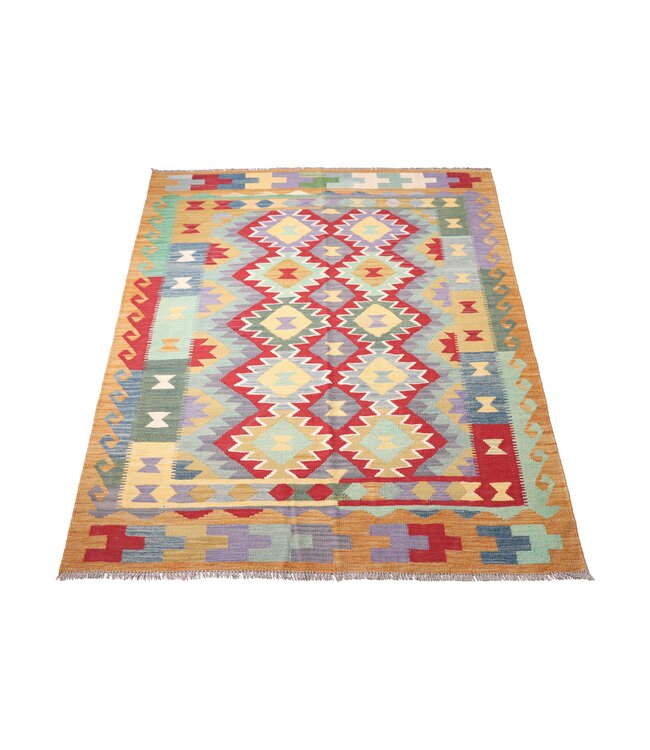 198x148 cm Handgeweven Traditionele Kelim Vloerkleed Wol Tapijt