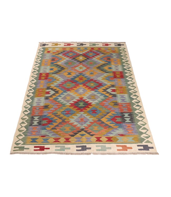 200x147 cm Handgeweven Traditionele Kelim Vloerkleed Wol Tapijt