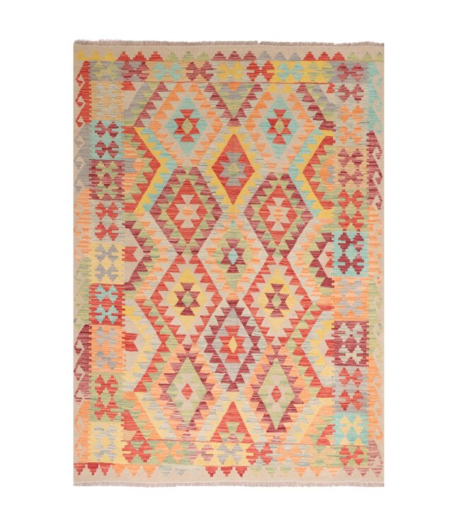 204x150 cm Handgeweven Traditionele Kelim Vloerkleed Wol Tapijt