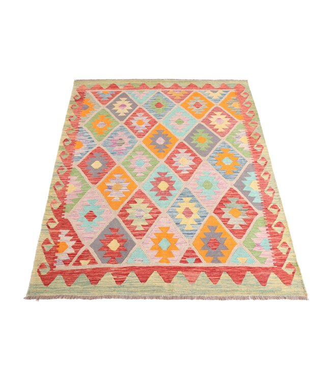 198x155 cm Handgeweven Traditionele Kelim Vloerkleed Wol Tapijt