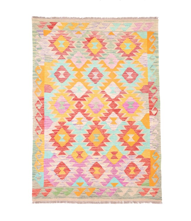 200x141 cm Handgeweven Traditionele Kelim Vloerkleed Wol Tapijt