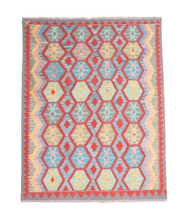 198x151 cm Handgeweven Traditionele Kelim Vloerkleed Wol Tapijt