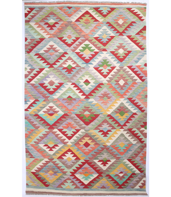 303x190 cm Handgeweven Traditionele Kelim Vloerkleed Wol Tapijt