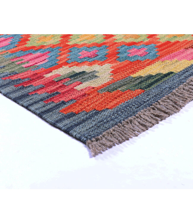 194x65  cm Handgeweven Kelim Loper  Wol  Vloerkleed Tapijt