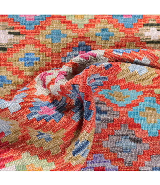 194x65  cm Handgeweven Kelim Loper  Wol  Vloerkleed Tapijt