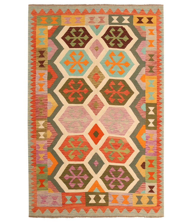 303x196cm Handgeweven Traditionele Kelim Vloerkleed Wol Tapijt