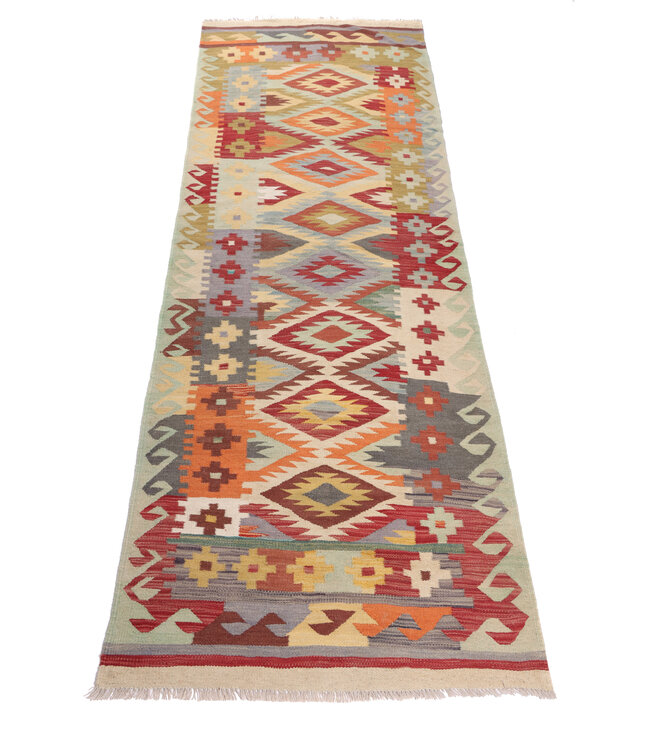 285x96  cm Handgeweven Kelim Loper  Wol  Vloerkleed Tapijt