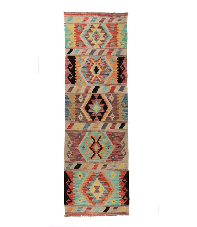 205x66  cm Handgeweven Kelim Loper  Wol  Vloerkleed Tapijt