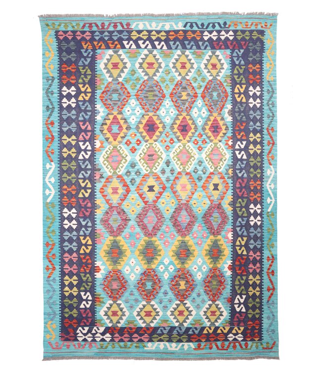 299x205 cm Handgeweven Traditionele Kelim Vloerkleed Wol Tapijt