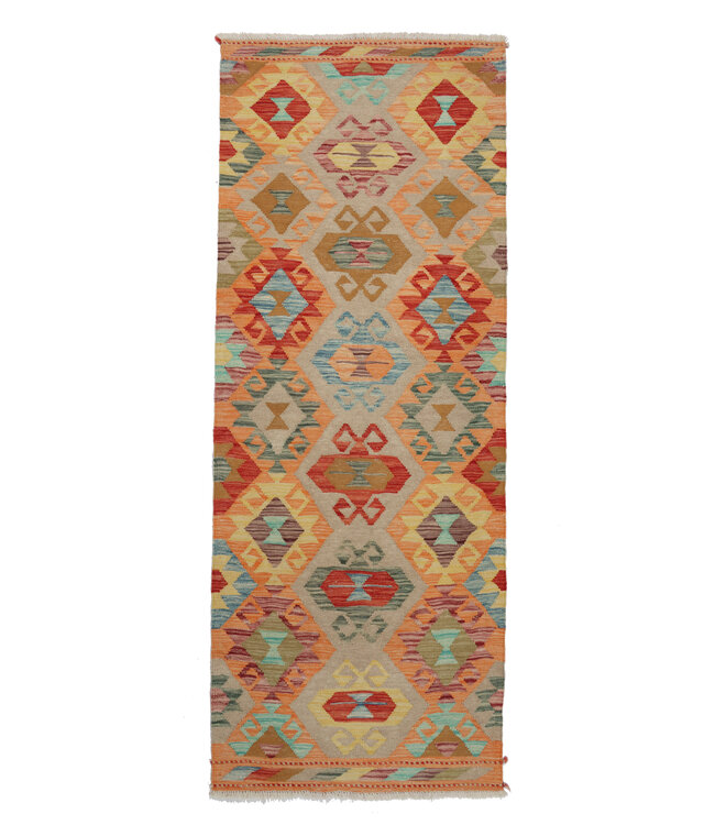 208x76 cm Handgeweven Kelim Loper  Wol  Vloerkleed Tapijt