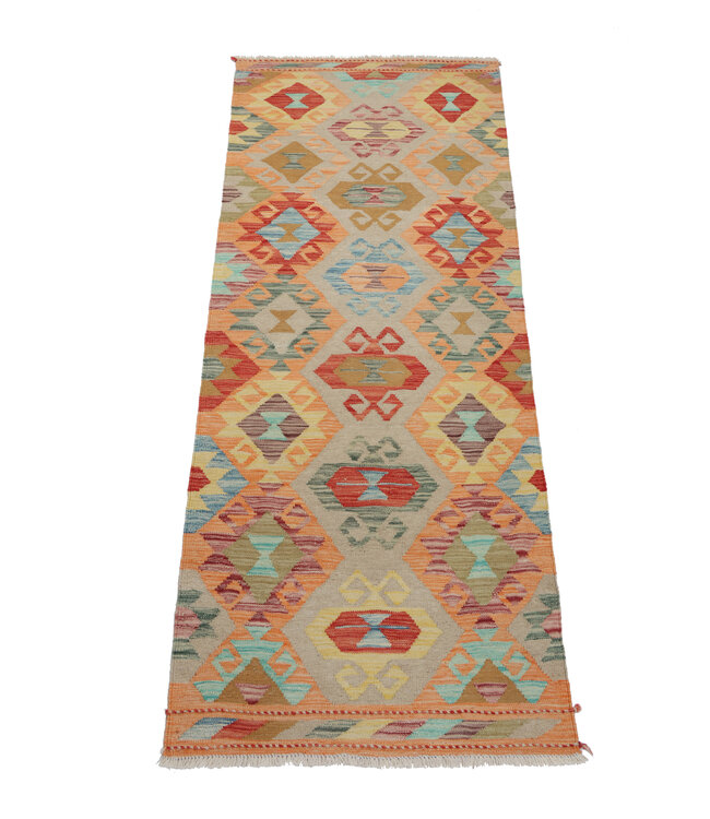 208x76 cm Handgeweven Kelim Loper  Wol  Vloerkleed Tapijt