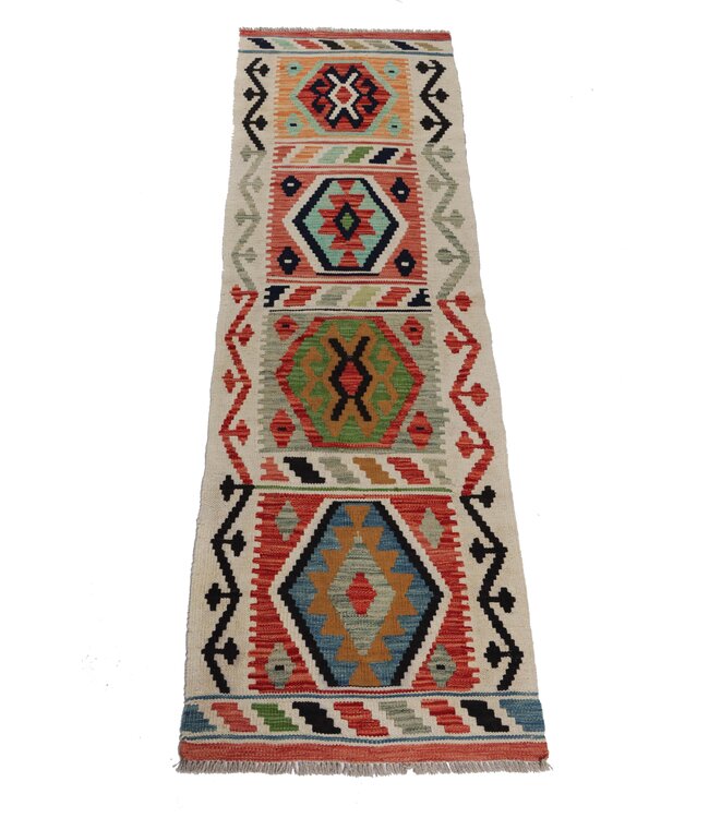200x64 cm Handgeweven Kelim Loper  Wol  Vloerkleed Tapijt