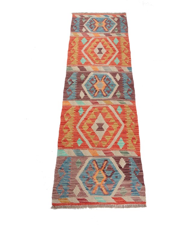 198X59 cm Handgeweven Kelim Loper  Wol  Vloerkleed Tapijt