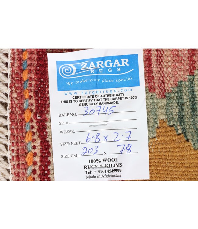 203x78 cm Handgeweven Kelim Loper  Wol  Vloerkleed Tapijt