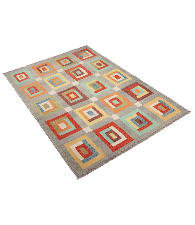 202X144 cm Handwoven Modern Red Wool Kilim Rug