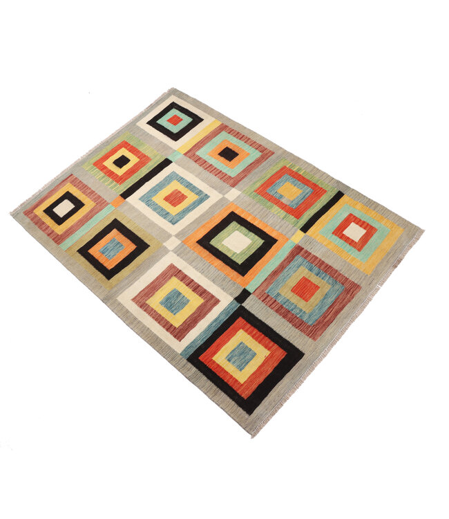 177x132 cm Handwoven Modern Red Wool Kilim Rug