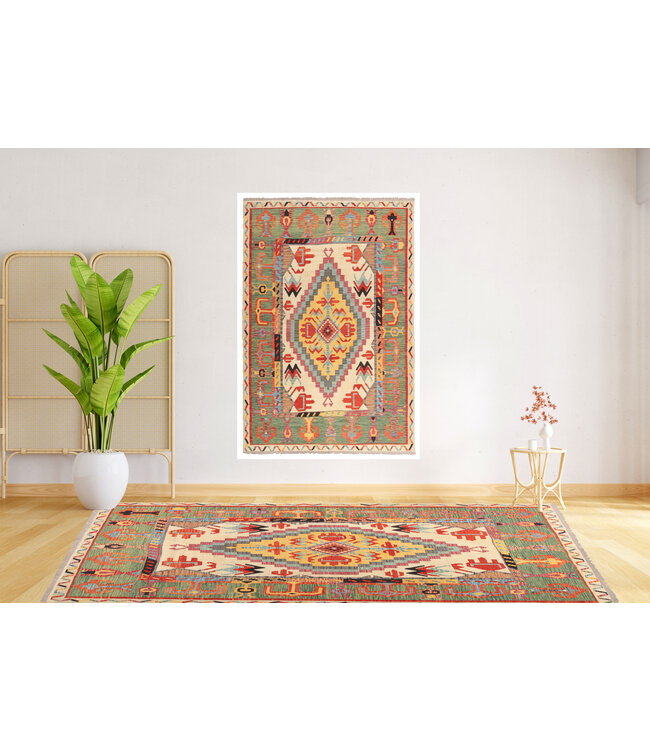 302x207cm Handgeweven  traditionele Kelim Tapijt Wol