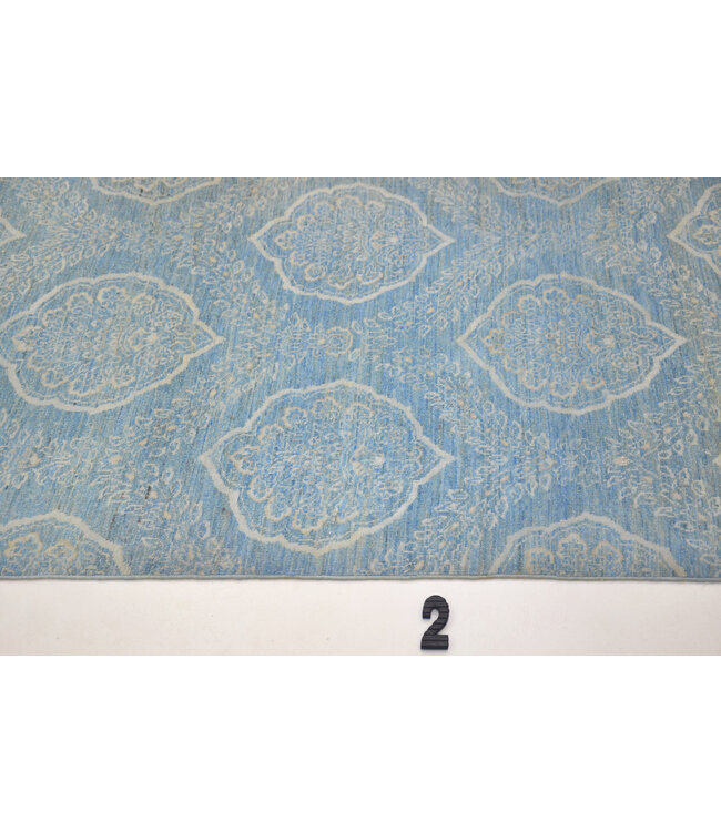 Handgeknoopte Wollen Loper – Elegant Blauw Medaillon Design (436 x 87 cm)