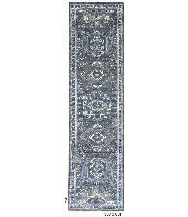 Blauwe en Grijze Handgeknoopte Wollen Loper (309 x 81 cm)