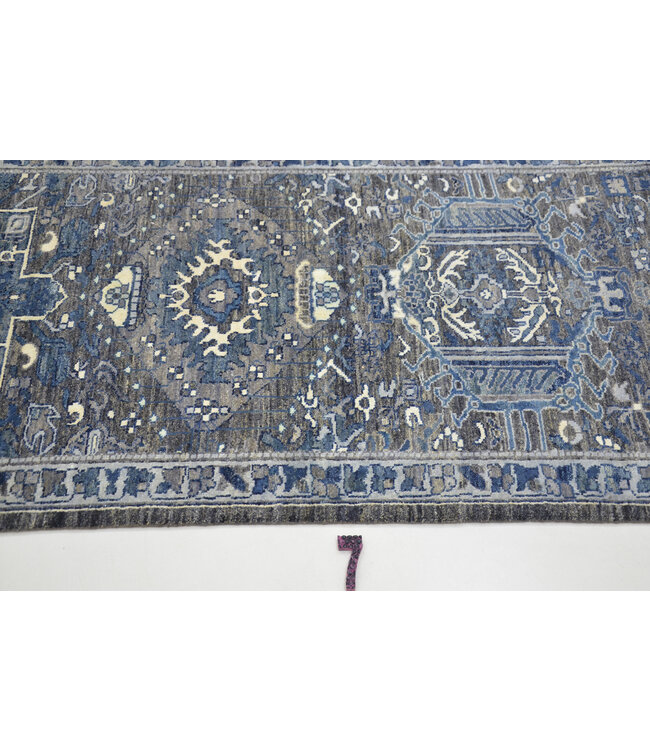 Blauwe en Grijze Handgeknoopte Wollen Loper (309 x 81 cm)