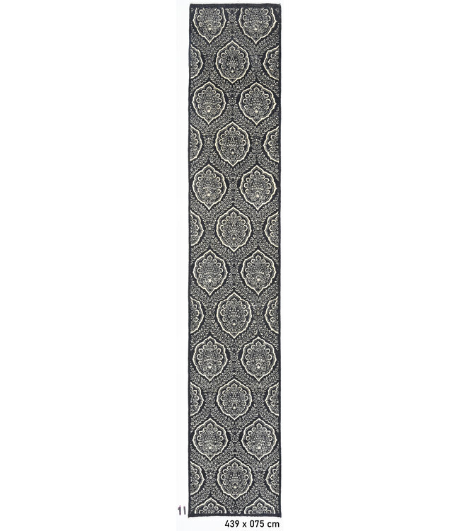 Black & Cream Hand-Knotted Wool Runner – 439 x 75 cm