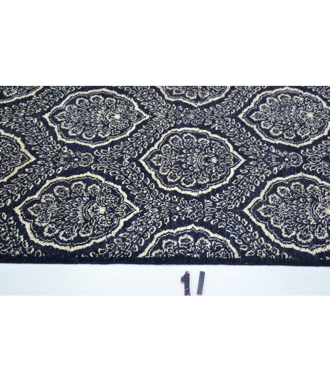 Zwart & Crème Herati Medaillon Patroon – Handgeknoopte Wollen Loper – 439 x 75 cm