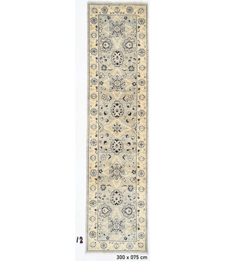 Beige & Hellblau Blumen-Medaillon Muster – Handgeknüpfter Woll-Läufer – 300 x 75 cm Beige & Hellblau Blumen-Medaillon Muster – Handgeknüpfter Woll-Läufer – 300 x 75 cm
