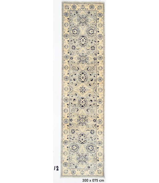 Beige & Hellblau Blumen-Medaillon Muster – Handgeknüpfter Woll-Läufer – 300 x 75 cm