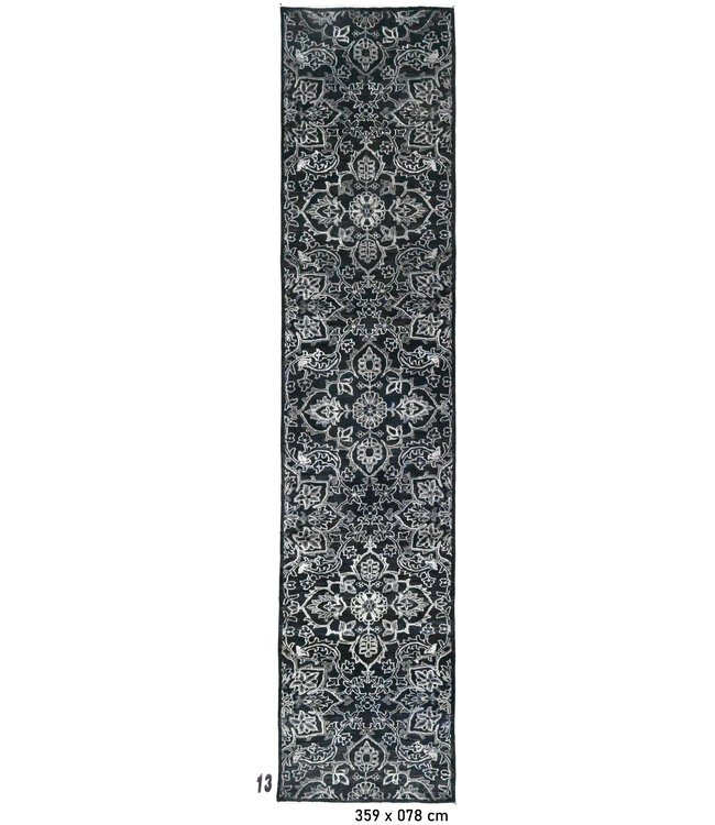 Black & Grey Herati Pattern – Hand-Knotted Wool Runner – 359 x 78 cm