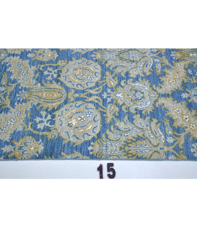 Exclusieve Handgeknoopte Wollen Loper – Klassiek Design in Blauw en Goud – 355 x 75 cm