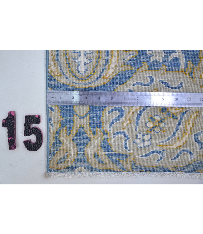 Exquisite Hand-Knotted Wool Runner – Classic Medallion Design in Blue & Gold – 355 x 75 cm