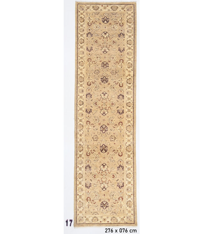 Hand-Knotted Wool Rug with Floral Pattern - Beige and Red - 276 x 076 cm