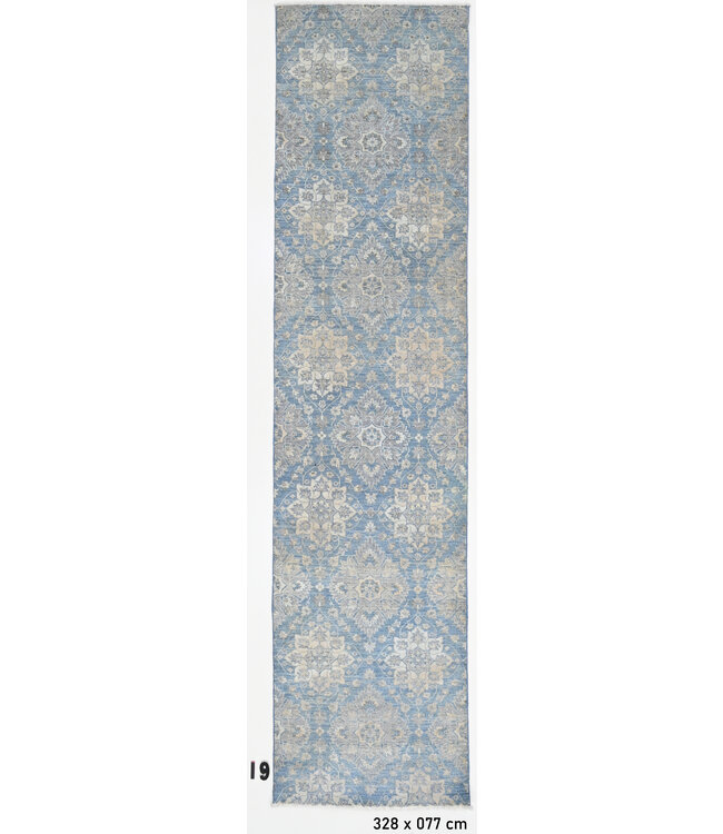 Sky Bloom – Hand-Knotted Wool Runner – 328 x 077 cm – Light Blue, Ivory & Grey