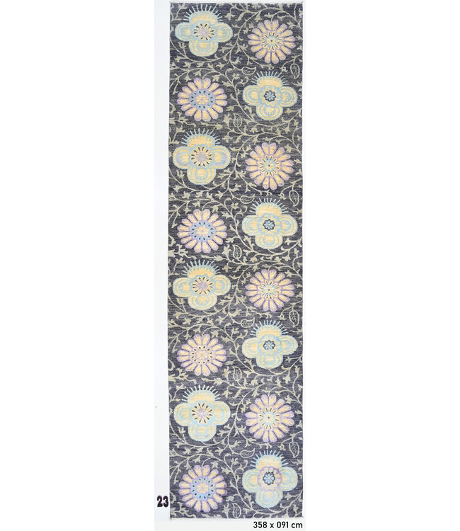 Moderner Woll-Läufer – Handgeknüpft – 358 x 091 cm – Blumenmuster auf Dunkelgrau