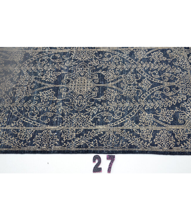 Donkerblauwe loper met ivoorkleurig patroon – Handgeknoopt wollen tapijt – 371 x 078 cm