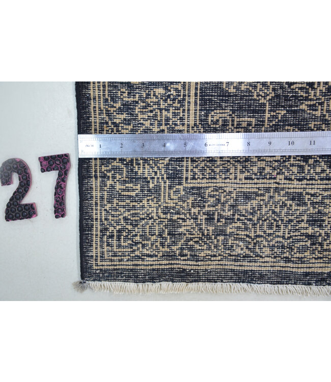 Donkerblauwe loper met ivoorkleurig patroon – Handgeknoopt wollen tapijt – 371 x 078 cm