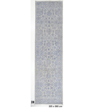 Soft Grey Runner with Light Blue Pattern – Hand-knotted Wool Rug – 305 x 080 cm