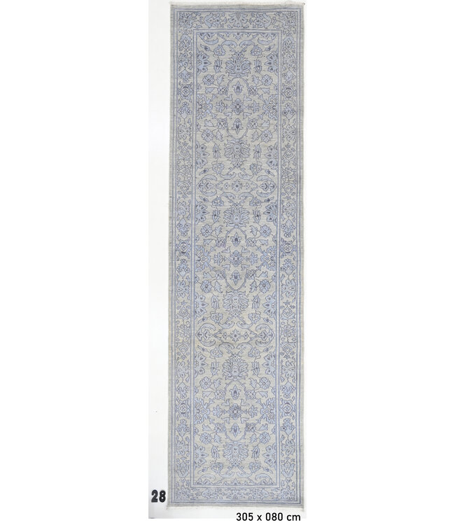 Zachtgrijze loper met lichtblauw patroon – Handgeknoopt wollen tapijt – 305 x 080 cm