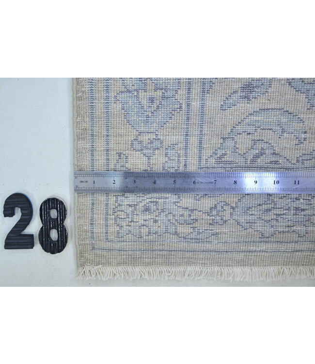 Zachtgrijze loper met lichtblauw patroon – Handgeknoopt wollen tapijt – 305 x 080 cm