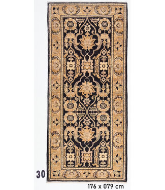 Elegant Black-Beige Hand-knotted Wool Rug with Floral Motif – 176 x 079 cm