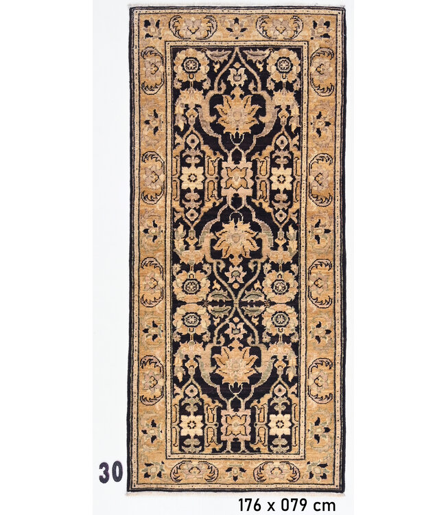 Eleganter handgeknüpfter Wollteppich in Schwarz-Beige mit Blumenmuster – 176 x 079 cm