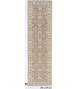 Handgeknüpfter Wollteppich in Beige und Blau mit klassischem Muster – 294 x 079 cm Handgeknüpfter Wollteppich in Beige und Blau mit klassischem Muster – 294 x 079 cm
