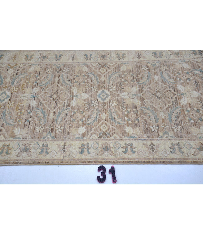 Zacht beige-blauw handgeknoopt wollen tapijt met klassiek motief – 294 x 079 cm