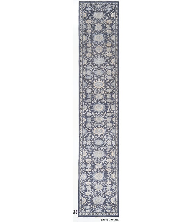 Dunkelblauer handgeknüpfter Woll-Läufer mit Blumenmuster – 429 x 079 cm
