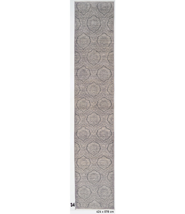 Hand-knotted Wool Runner Rug in Grey with Medallion Design – 424 x 078 cm