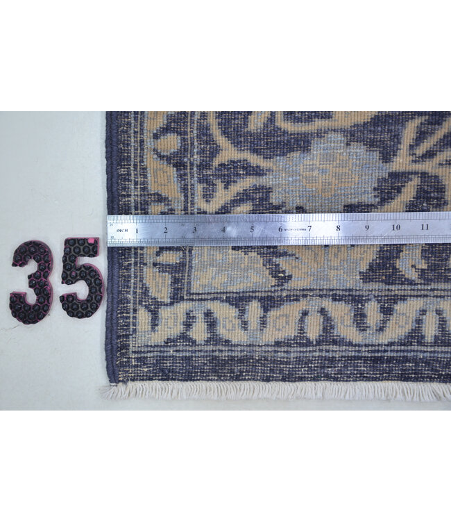 Handgeknoopt wollen loper tapijt in nachtblauw en beige – 430 x 078 cm