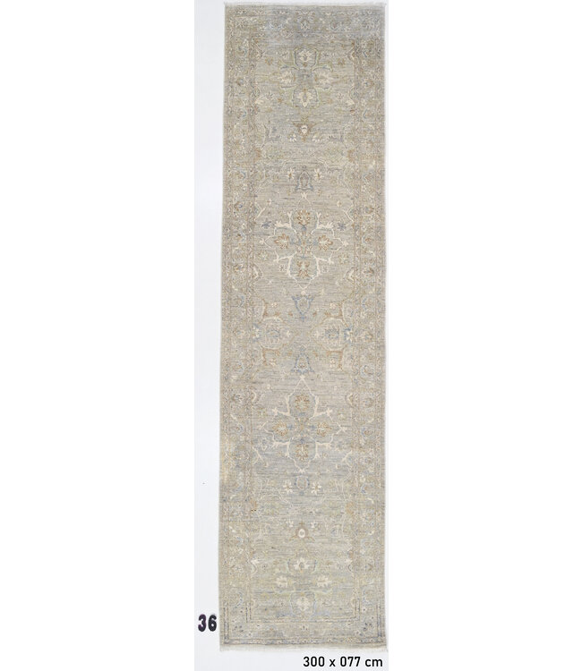 Oosterse loper – Ziegler patroon – 300x77 cm – Grijs, beige, blauwgroen